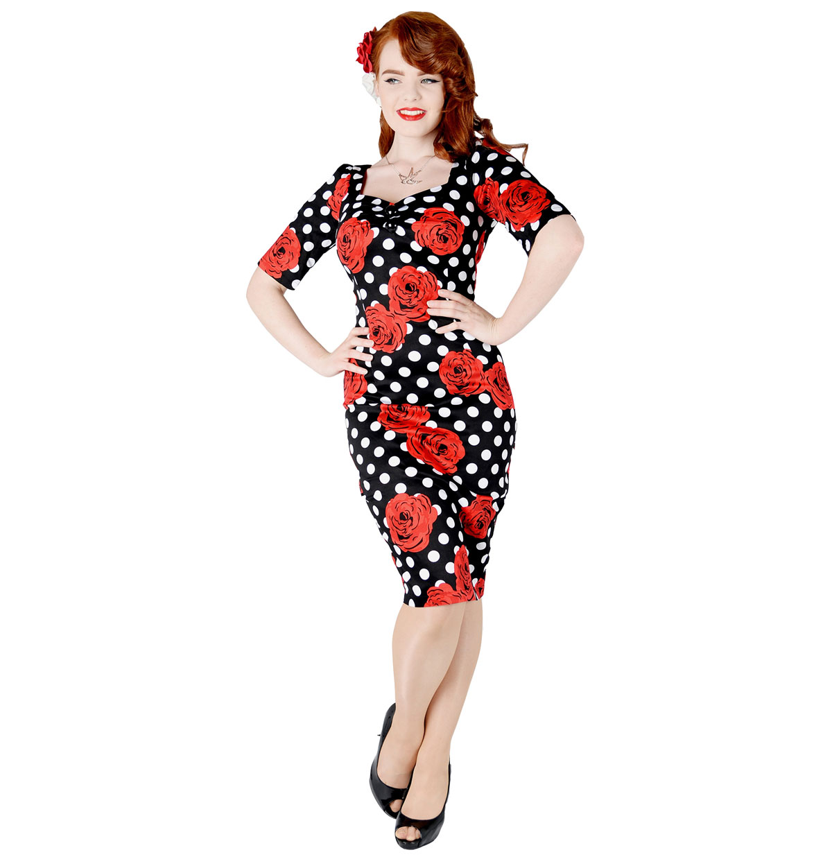 Dolores Polka Dot Rose Half Sleeve Dress-XS | 49% korting | Collectif