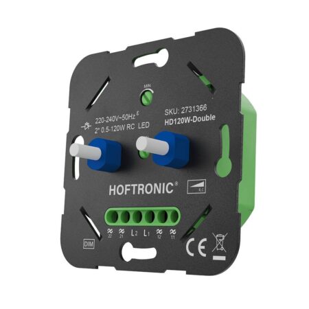 Dubbele LED draaidimmer - 2 x 0.5-120W - Fase-afsnijding (trailing edge) - Twee onafhankelijke kanalen - Wisselschakeling - Duo Dimmer | HOFTRONIC