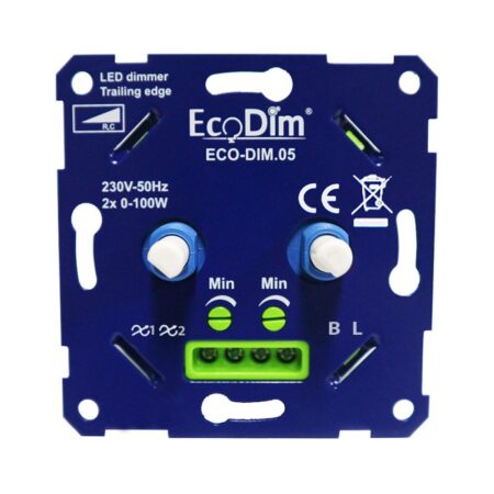 Duo LED dimmer Inbouw - 2x 0-100 Watt - Geschikt voor fase afsnijding - Geschikt voor alle merken afdekmateriaal - Min. Instelbaar - ECO-DIM.05 | Ecodim