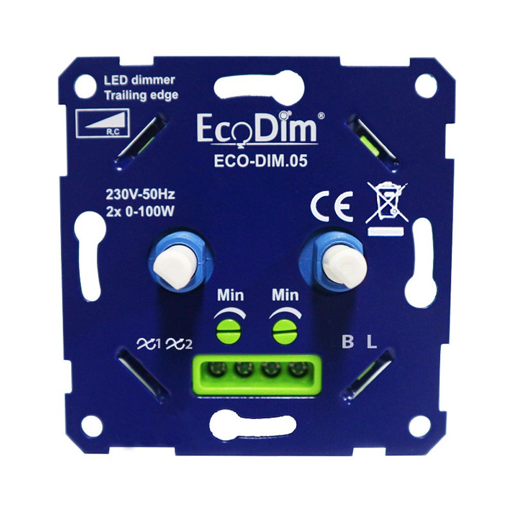 Duo LED dimmer Inbouw - 2x 0-100 Watt - Geschikt voor fase afsnijding - Geschikt voor alle merken afdekmateriaal - Min. Instelbaar - ECO-DIM.05 | Ecodim