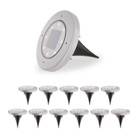 Ellis 12x Solar grondspots - 8 LEDs - 3000K warmwit licht - IP65 waterdicht - Incl. schemerschakelaar - RVS | HOFTRONIC