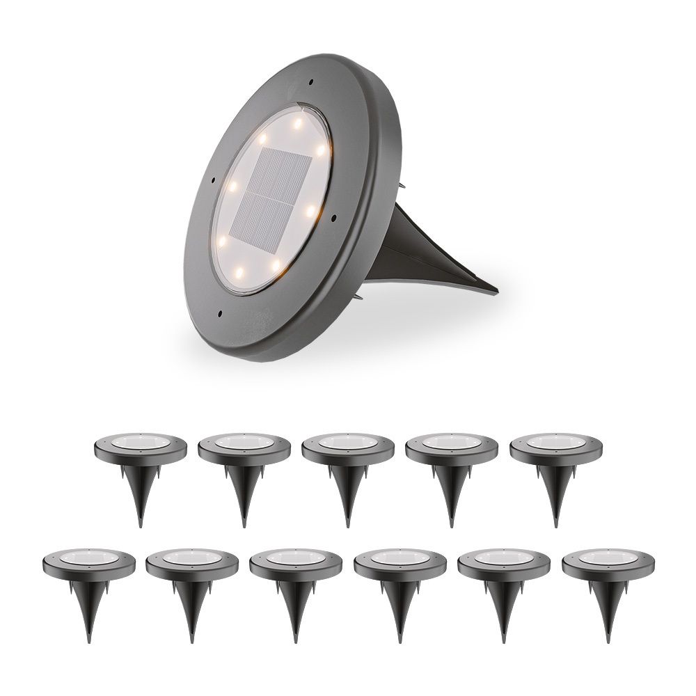 Ellis 12x Solar grondspots - 8 LEDs - 3000K warmwit licht - IP65 waterdicht - Incl. schemerschakelaar - Zwart | HOFTRONIC