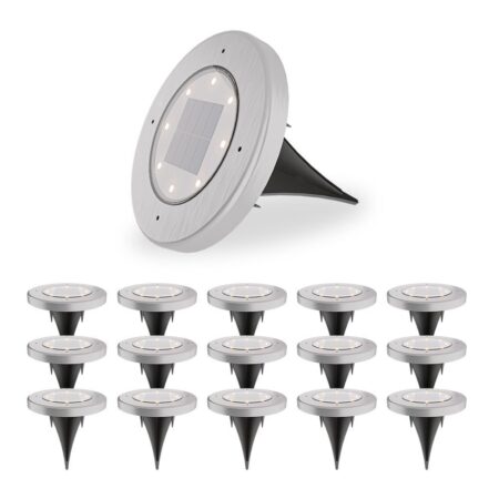 Ellis 16x Solar grondspots - 8 LEDs - 3000K warmwit licht - IP65 waterdicht - Incl. schemerschakelaar - RVS | HOFTRONIC