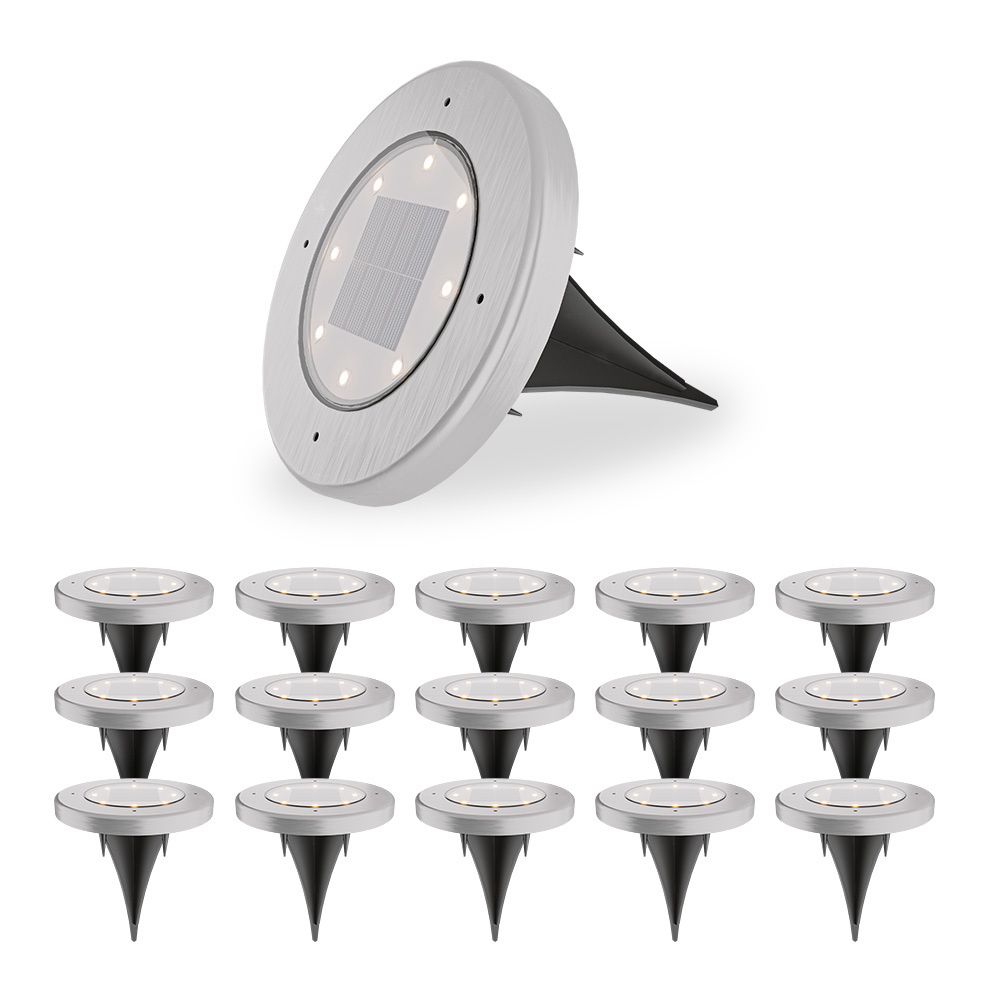 Ellis 16x Solar grondspots - 8 LEDs - 3000K warmwit licht - IP65 waterdicht - Incl. schemerschakelaar - RVS | HOFTRONIC