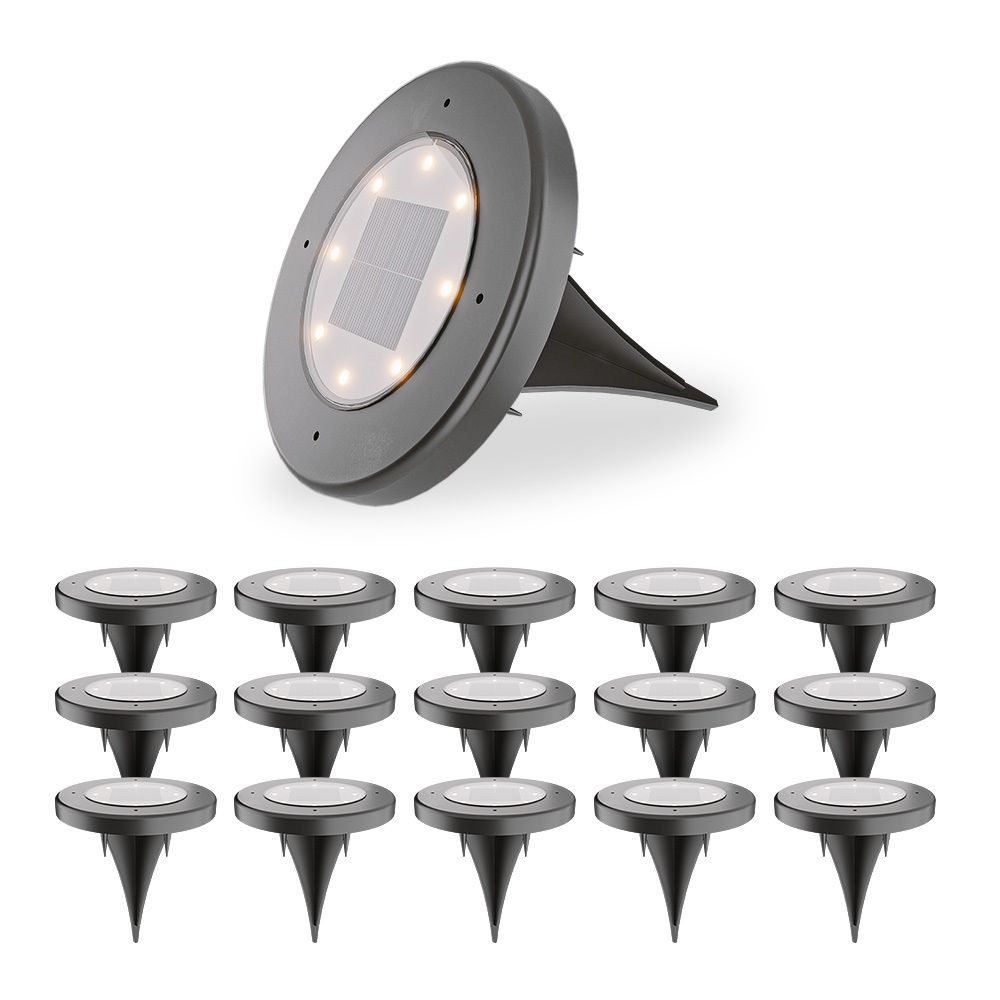 Ellis 16x Solar grondspots - 8 LEDs - 3000K warmwit licht - IP65 waterdicht - Incl. schemerschakelaar - Zwart | HOFTRONIC