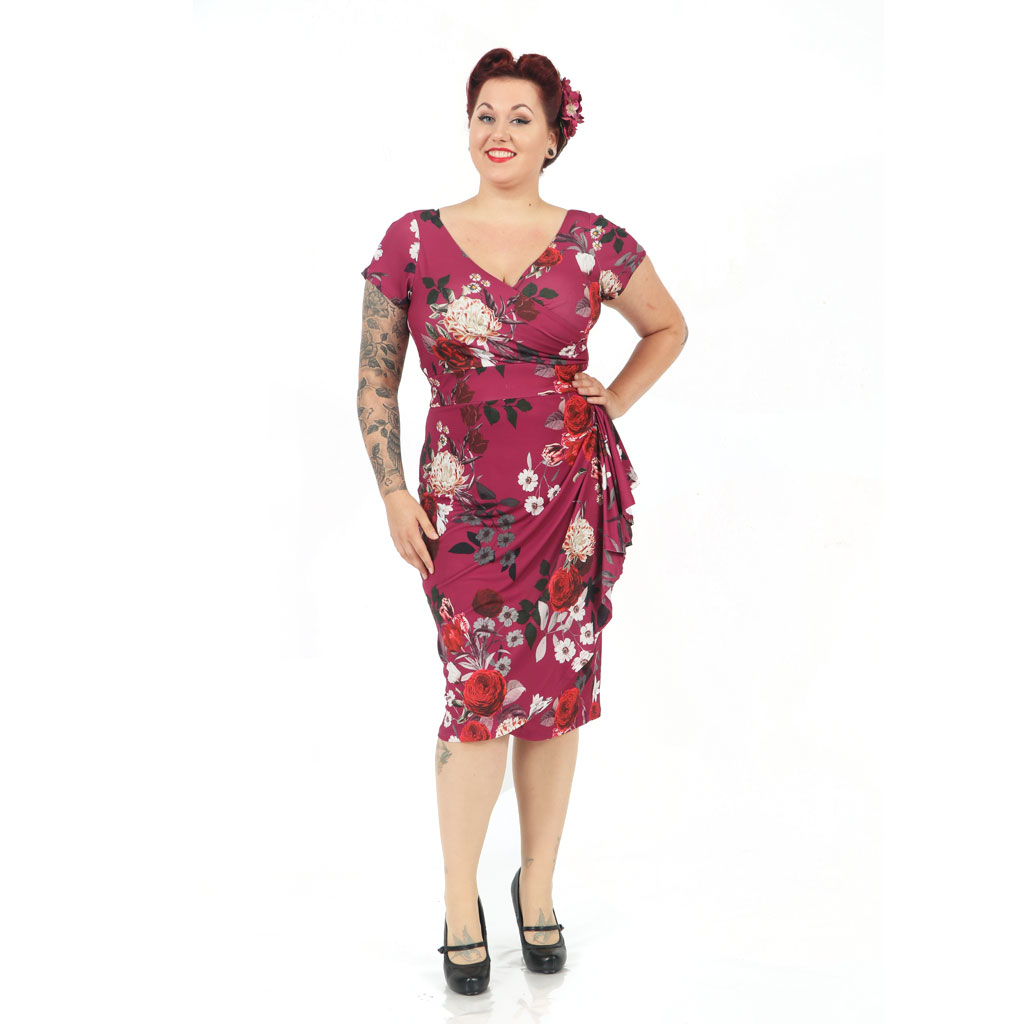 Elsie Wiggle Dress Bordeaux Bouquet-XXXXXL | 21% korting | Lady V London