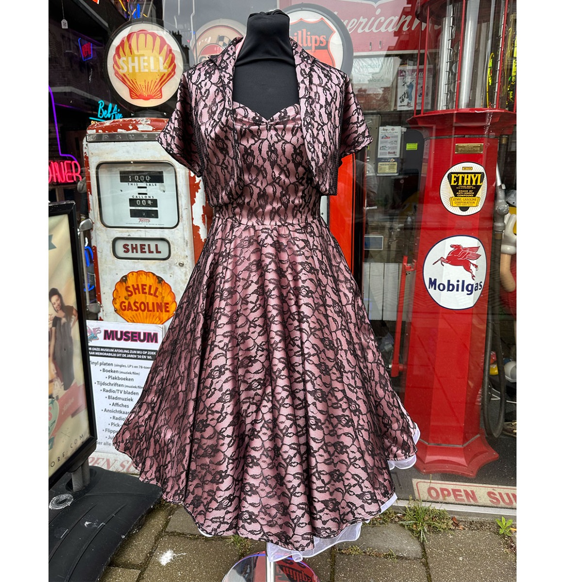 Eva Queen Satin Lace Dress With Bolero Pink And Black-S | 45% korting | EvaQueen