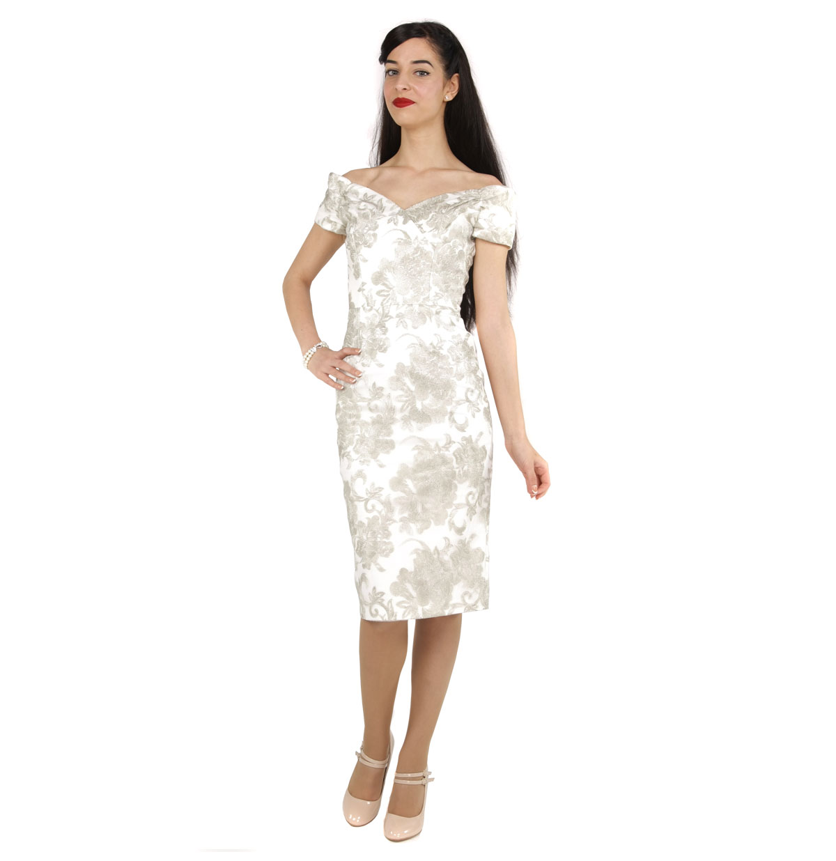 Fatale Baroque Embroidered Pencil Dress Ivory / Silver-42 (NL)/ 16 (UK) | 32% korting | The Pretty Dress Company