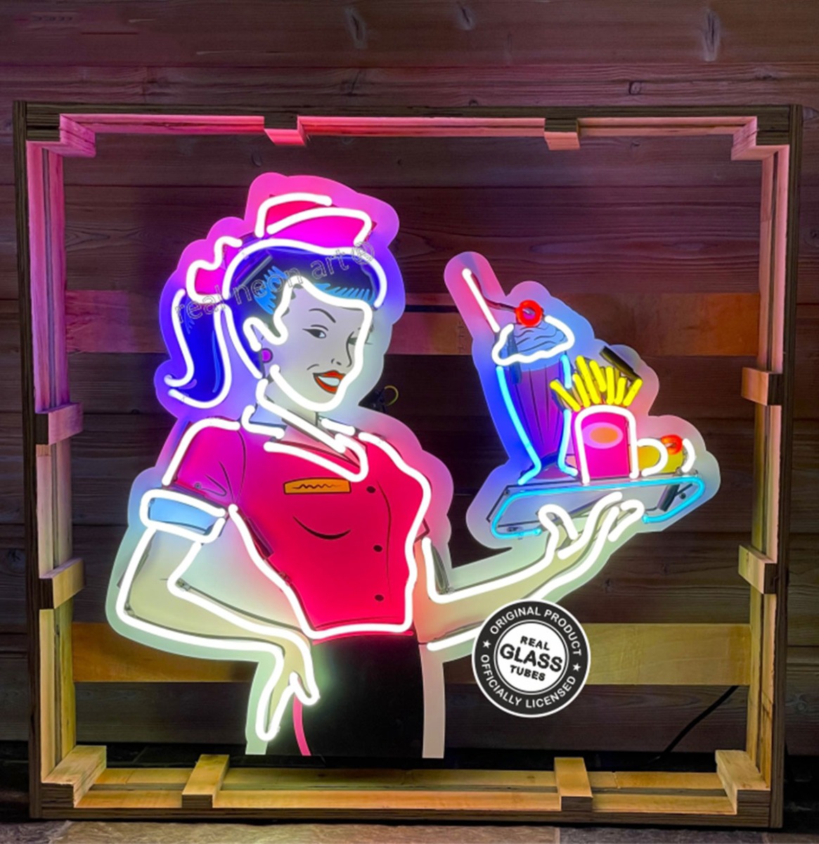 Fifties Serveerster met Dienblad Neon Verlichting XL 80 x 75 cm - Multicolor | Real Neon Art