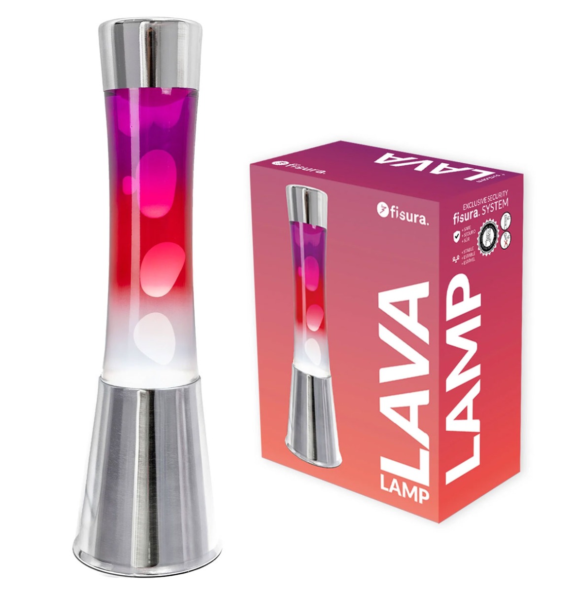 Fisura Lava Lamp Tower - Chrome Basis En Gradiënt Fles Met Transparante Vloeistof En Witte Lava | Fisura