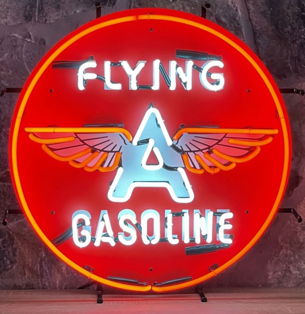 Flying A Gasoline Neon Verlichting Met Achterplaat 65 x 65 cm | Real Neon Art