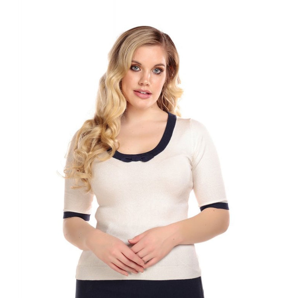 COLLECTIF Freya Knitted Top Ivory / Navy-XXL | 50% korting | Collectif