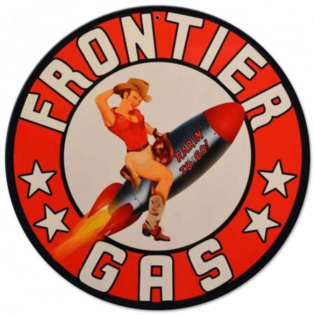 Frontier Gas Rocket Girl Zwaar Metalen Bord - 36 cm ø | Fiftiesstore
