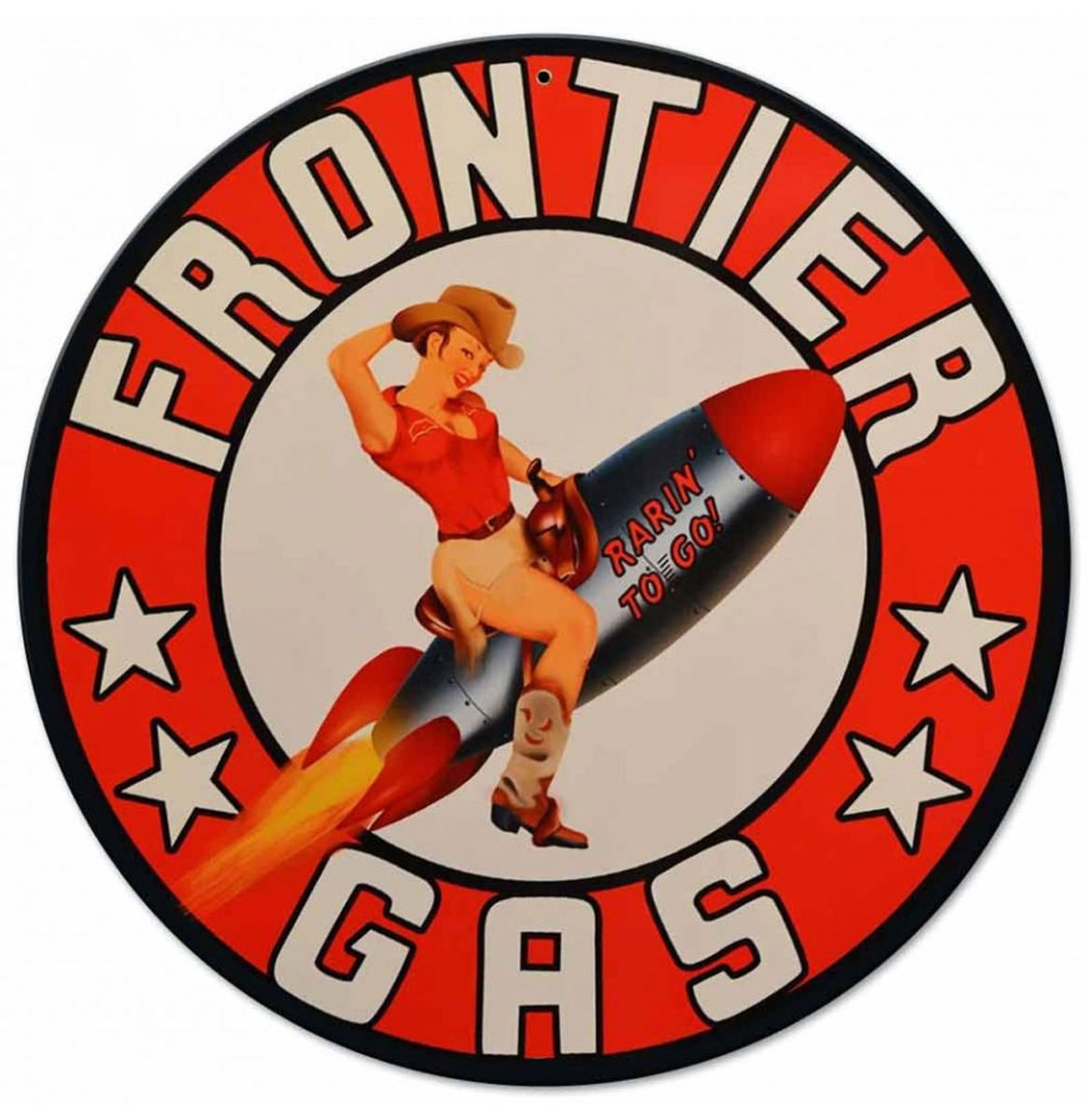 Frontier Gas Rocket Girl Zwaar Metalen Bord - 36 cm ø | Fiftiesstore