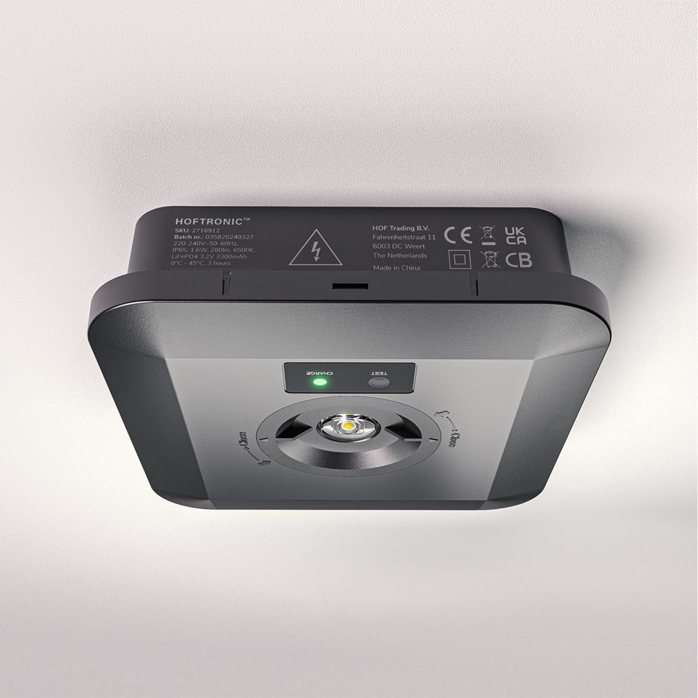 Fuga - LED Opbouwspot Vierkant Noodverlichting Zwart - 3 Watt 280 Lumen - Verwisselbare lens - IP65 waterdicht - 3 uur noodaccu (3300 mAh) - 6500K daglicht wit - Autotest functie | HOFTRONIC