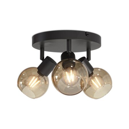 Glazura - LED Plafondlamp 3 spots - Glazen bollen - Amber glas - Zwart - E14 fittingen | HOFTRONIC