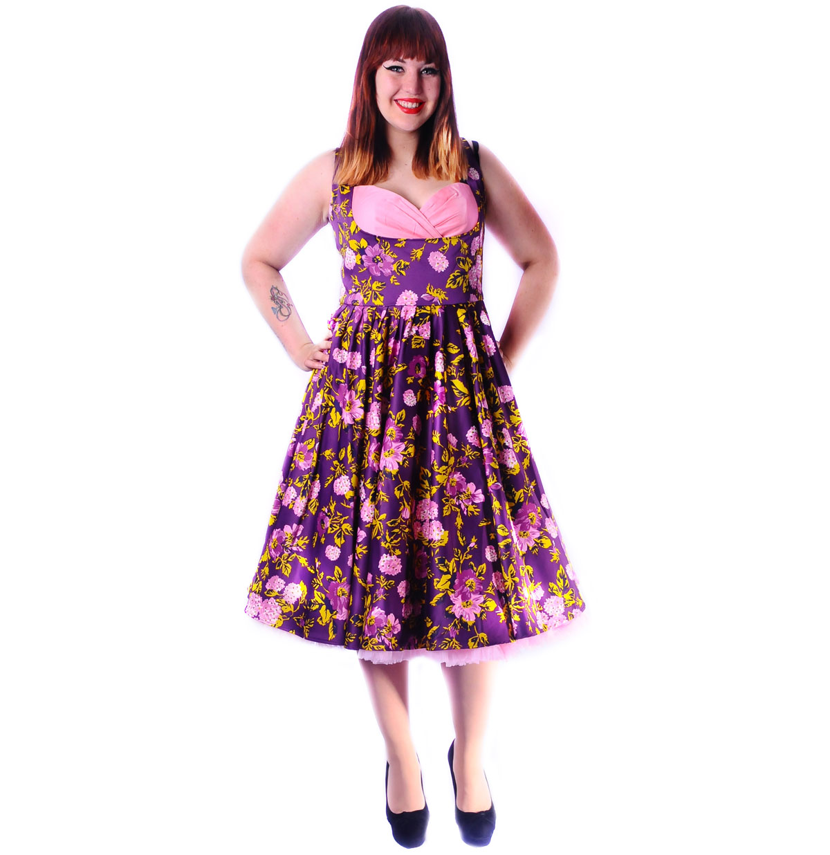 Grace Dress Vintage Purple/Pink Flowers-S | 49% korting | Pinup Couture