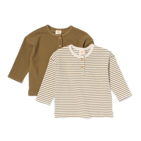 HEMA Baby T-shirts wafel strepen - 2 stuks olijf (olijf) | HEMA