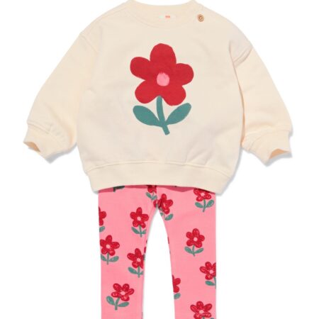 Babykledingset comfy fit rib sweatstof bloemen roze