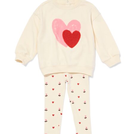 Babykledingset comfy fit sweatstof rib hartjes ecru