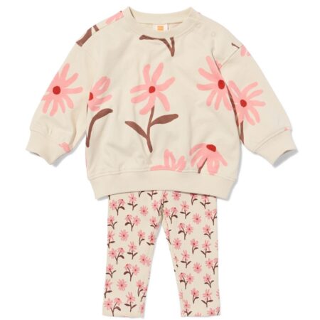 HEMA Babykledingset sweatstof rib bloemen ecru (ecru) | HEMA