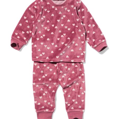 HEMA Babypyjama velours hartjes donkerroze (donkerroze) | HEMA