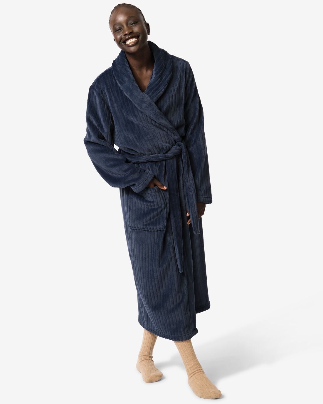 HEMA Badjas rib fleece donkerblauw (donkerblauw) | HEMA