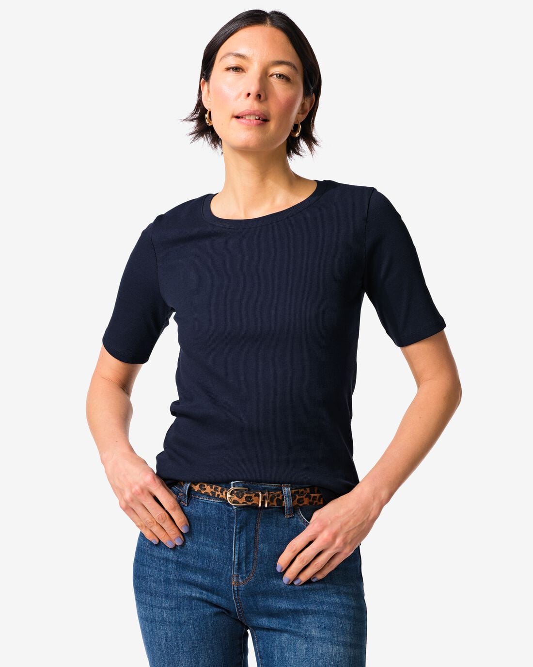 HEMA Dames T-shirt Clara regular fit rib donkerblauw (donkerblauw) | HEMA