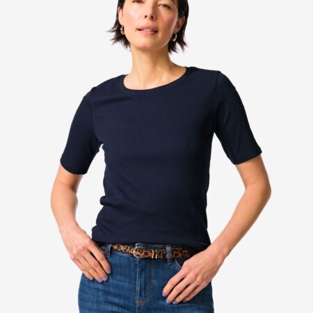 HEMA Dames T-shirt Clara regular fit rib donkerblauw (donkerblauw) | HEMA