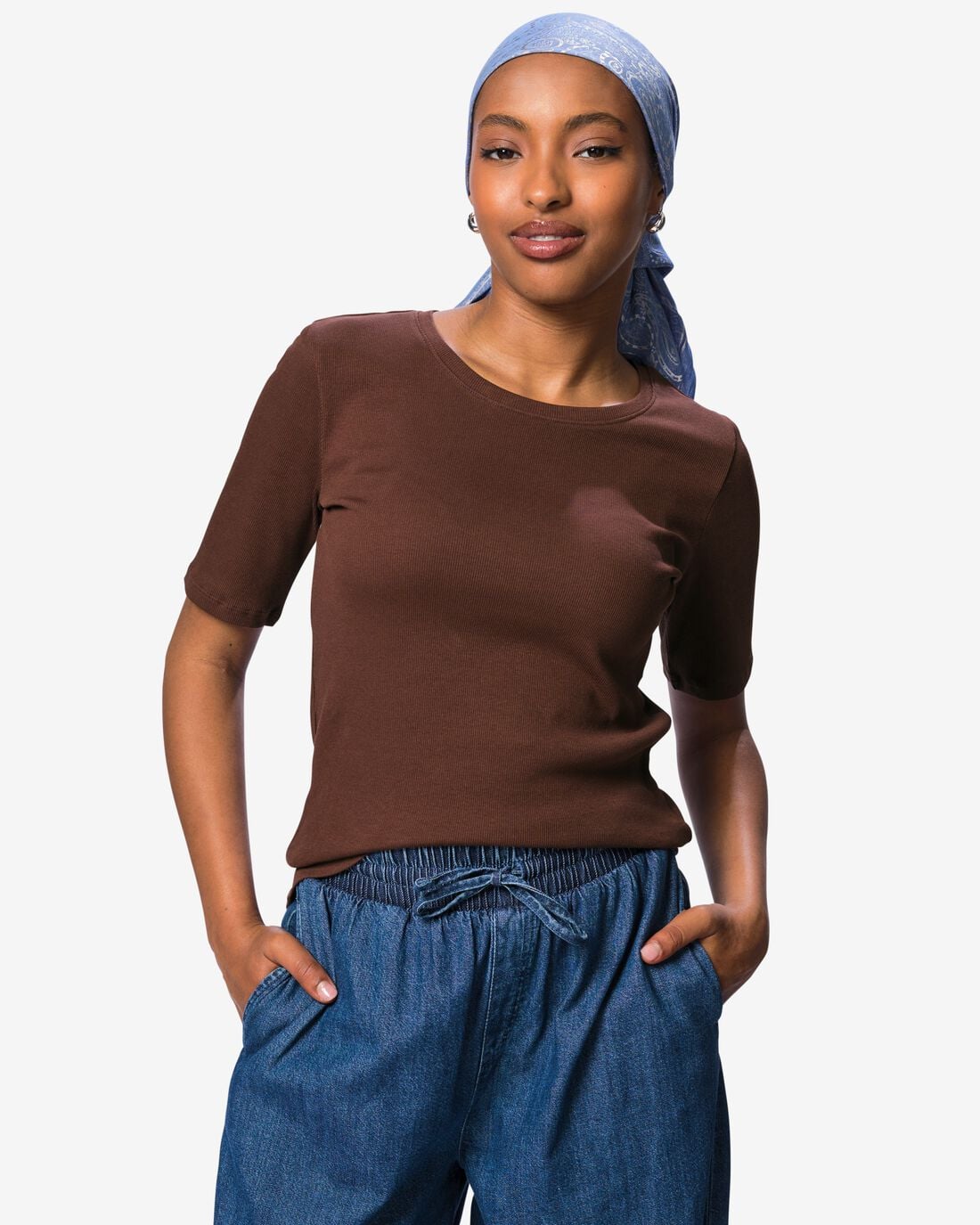 HEMA Dames T-shirt Clara rib bruin (bruin) | HEMA