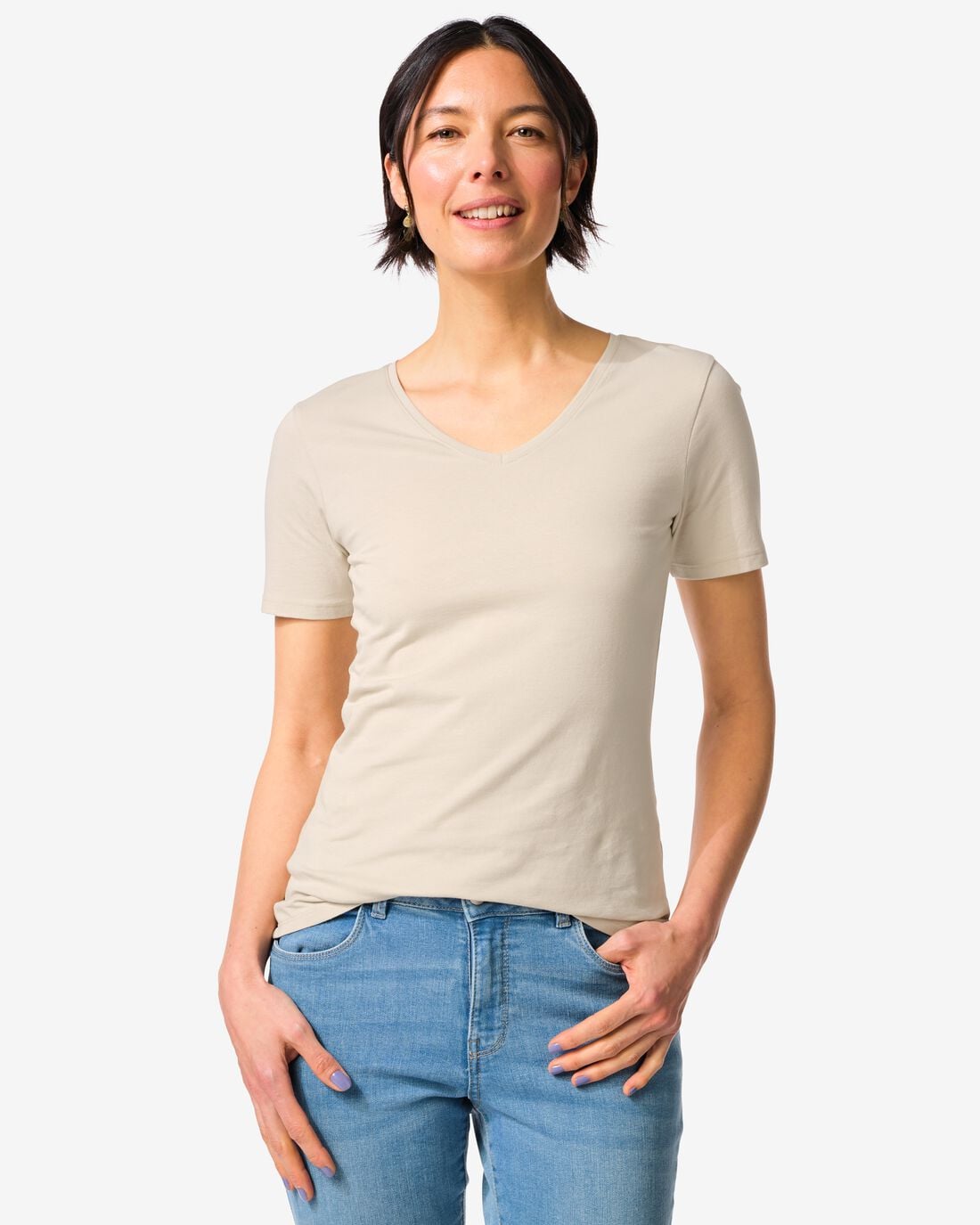 HEMA Dames T-shirt slim fit v-hals zand (zand) | HEMA