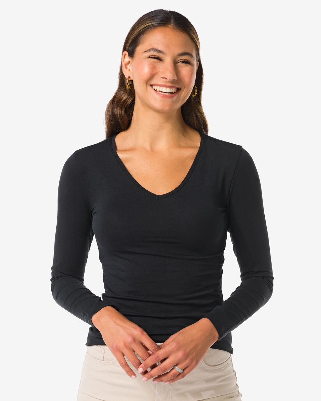 HEMA Dames T-shirt slim fit v-hals zwart | HEMA