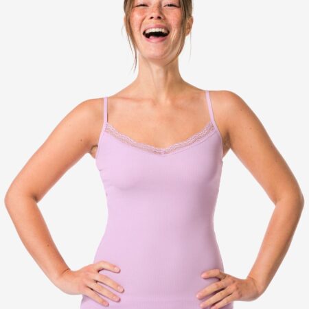 HEMA Dameshemd katoen rib spaghettibandjes met kant roze (roze) | HEMA