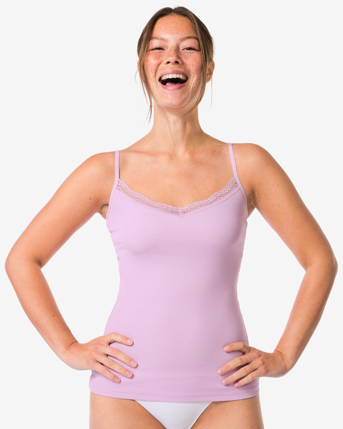 HEMA Dameshemd katoen rib spaghettibandjes met kant roze (roze) | HEMA