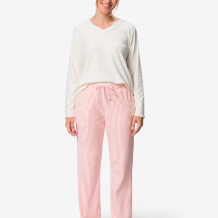 Damespyjamabroek loose fit velours strepen lichtroze