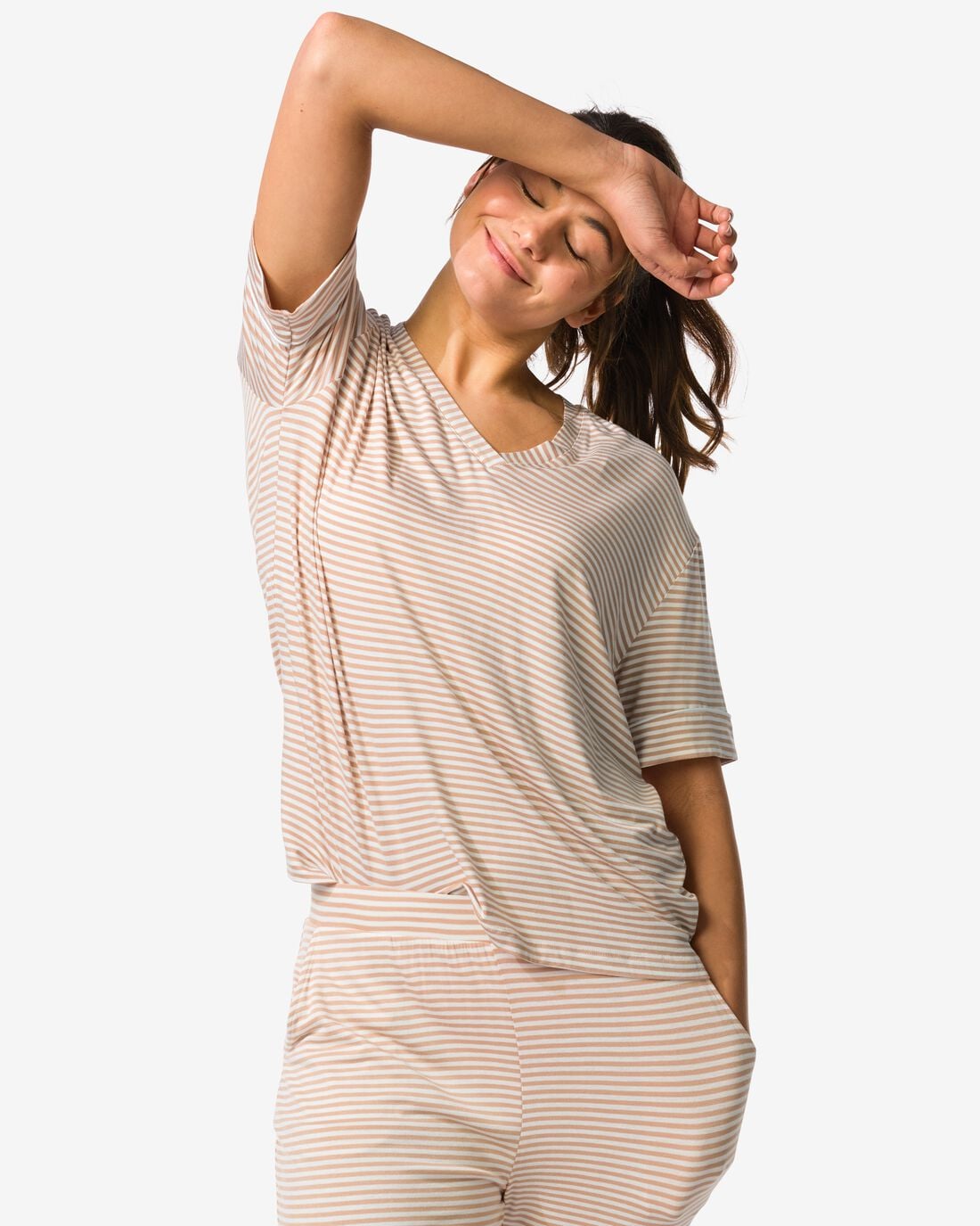 HEMA Damespyjamatop jersey strepen beige (beige) | HEMA