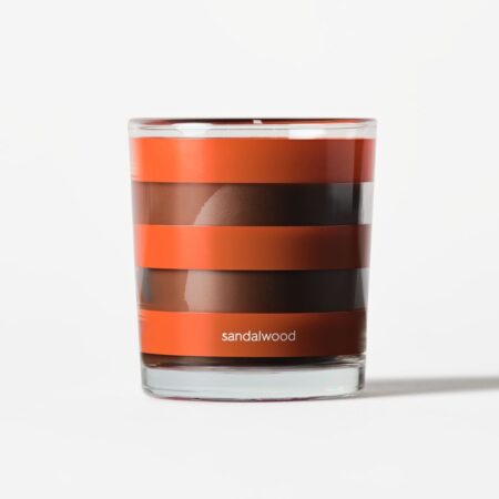 Geurkaars ⌀7x8cm glas strepen sandalwood (donkeroranje)