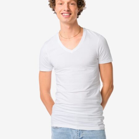 HEMA Heren T-shirts slimfit diepe v-hals extra lang - 2 stuks wit (wit) | HEMA