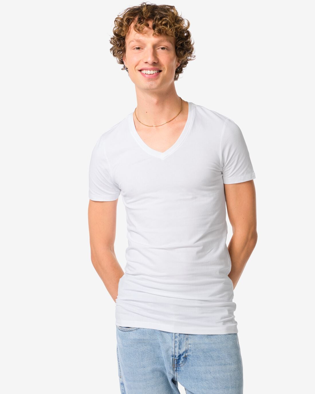 HEMA Heren T-shirts slimfit diepe v-hals extra lang - 2 stuks wit (wit) | HEMA