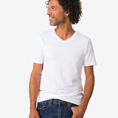 HEMA Heren T-shirts slimfit v-hals extra lang - 2 stuks wit (wit) | HEMA