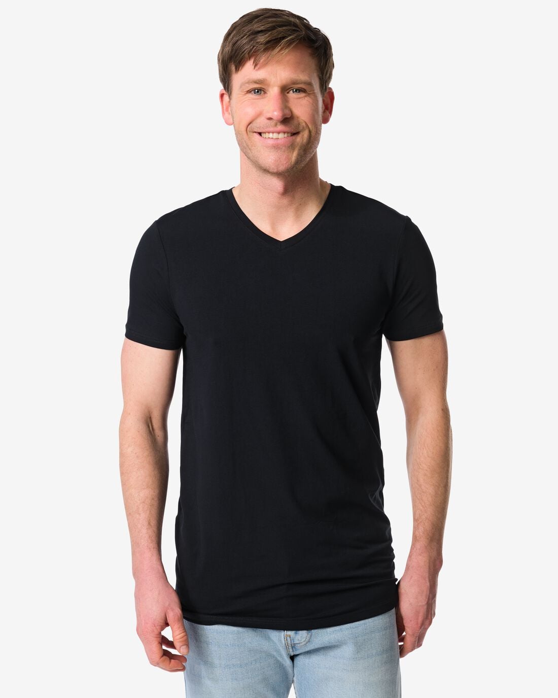 HEMA Heren T-shirts slimfit v-hals extra lang - 2 stuks zwart (zwart) | HEMA