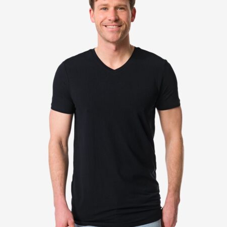 HEMA Heren T-shirts slimfit v-hals extra lang - 2 stuks zwart (zwart) | HEMA