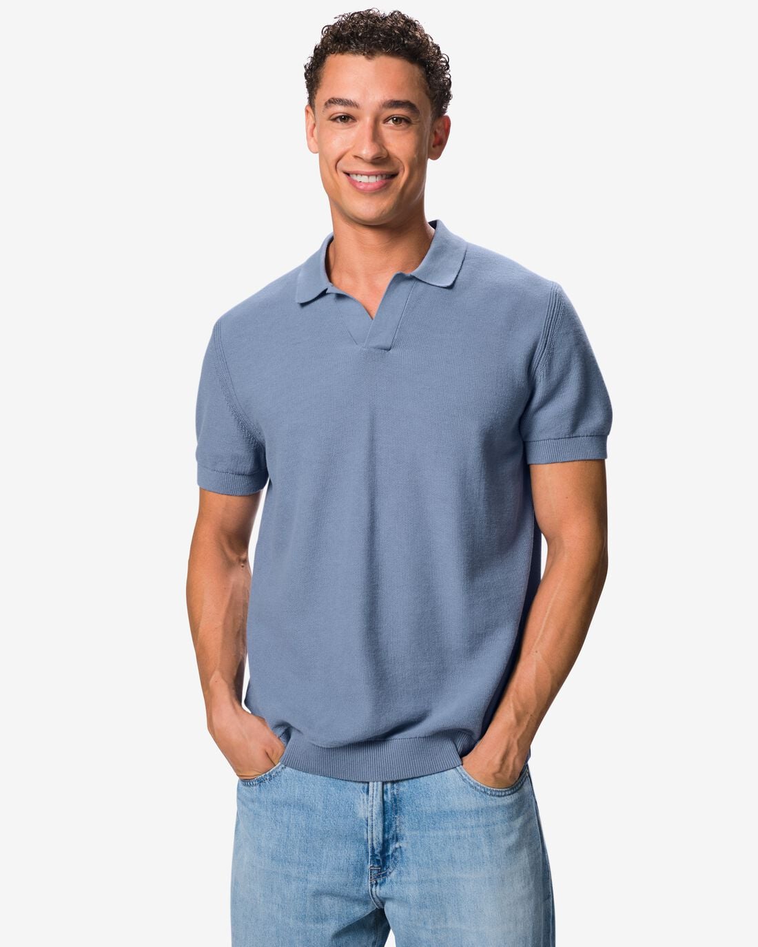 HEMA Herenpolo Kris gebreid middenblauw (middenblauw) | HEMA