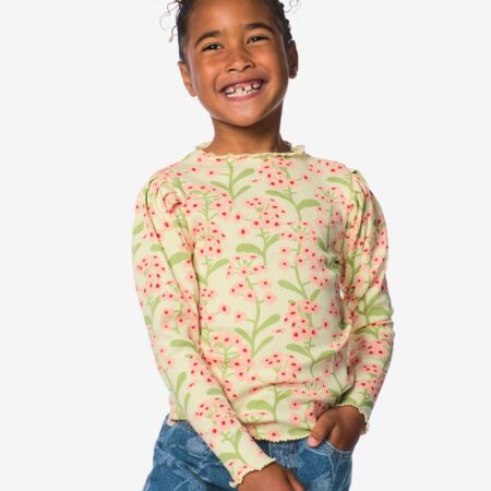 HEMA Kinder T-shirt rib bloemen lichtgeel (lichtgeel) | HEMA