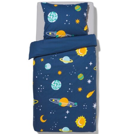 HEMA Kinderdekbedovertrek 140x200cm zacht katoen planeten (donkerblauw) | HEMA