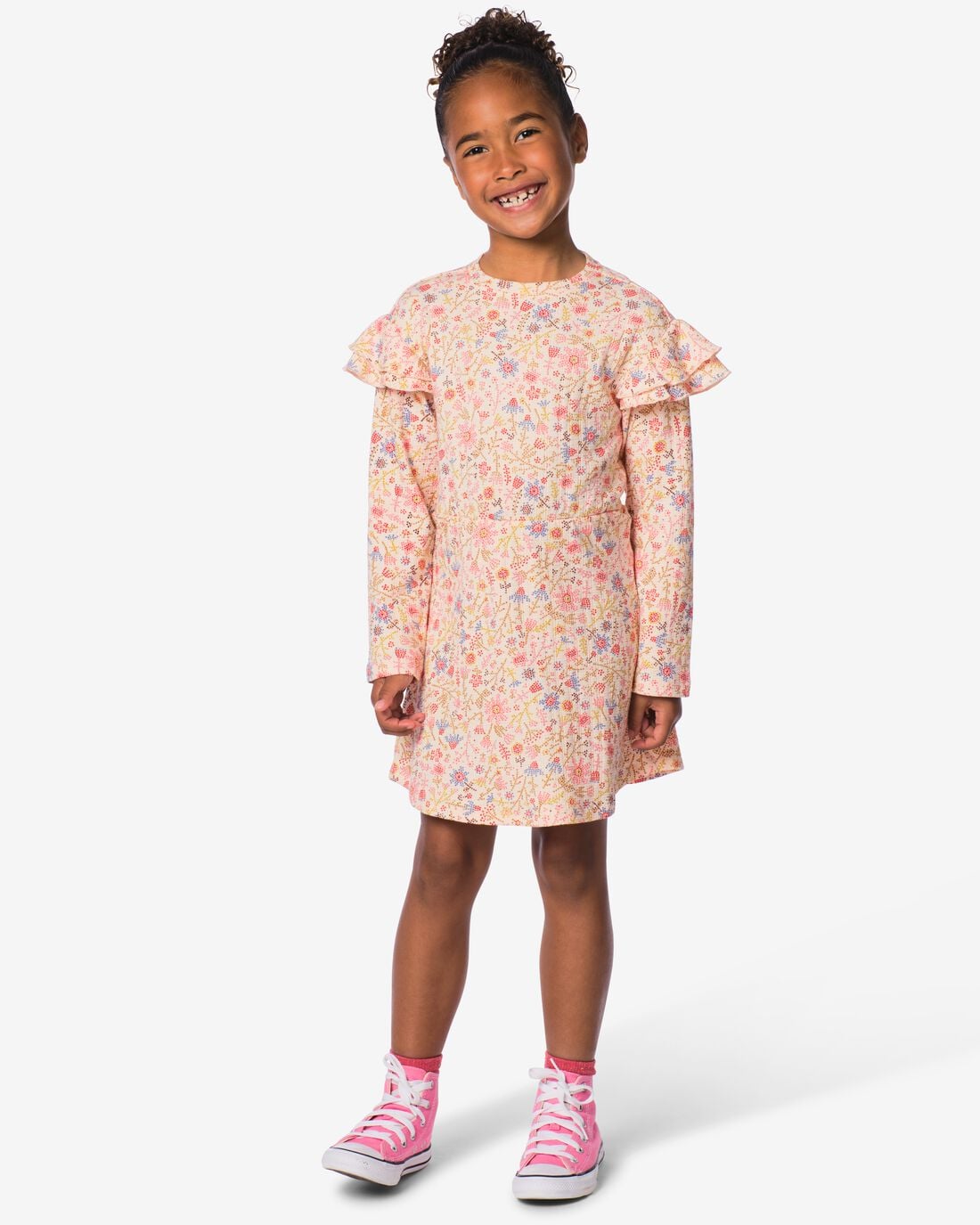 HEMA Kinderjurk A-lijn rib bloemen roze (roze) | HEMA