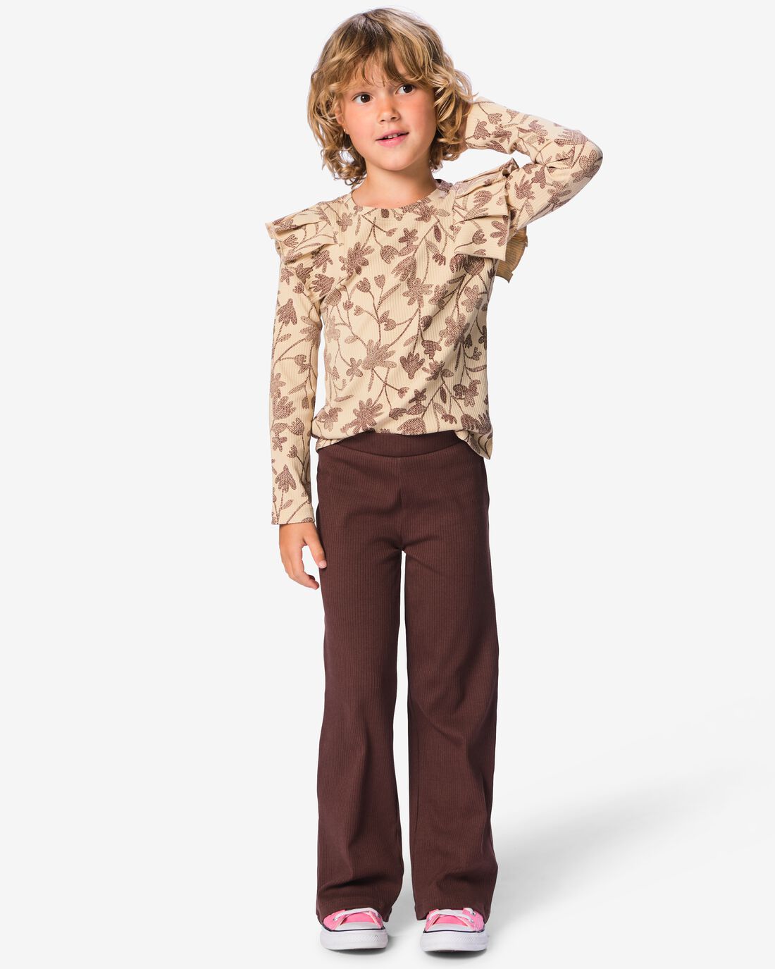 HEMA Kinderlegging bootcut rib jersey bloemen - 2 stuks beige (beige) | HEMA
