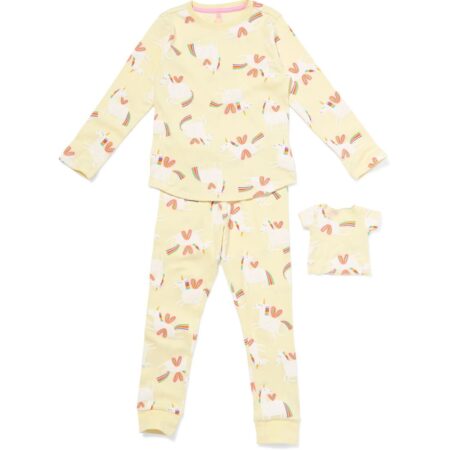 HEMA Kinderpyjama rib eenhoorn met poppenpyjama geel (geel) | HEMA