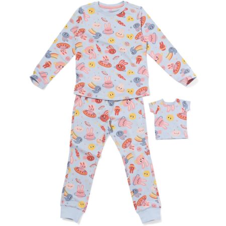 HEMA Kinderpyjama ruimte met poppenpyjama lichtblauw (lichtblauw) | HEMA