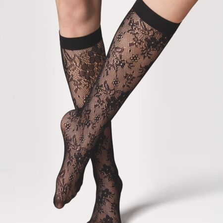 Kniekousen fashion net bloemenkant zwart